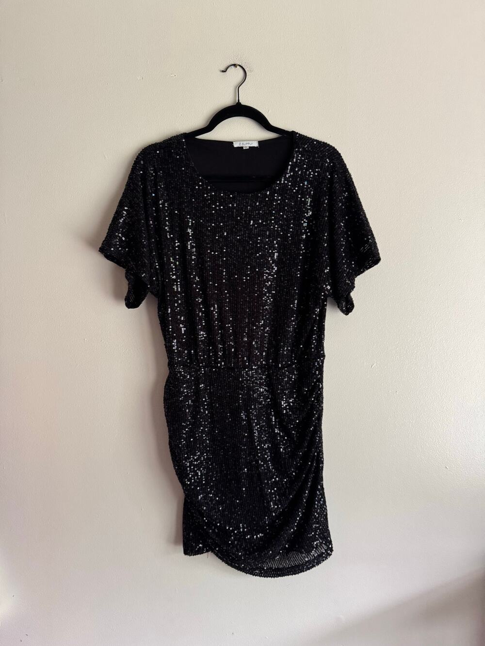Z Supply Black Sequin Short Sleeve Drape Front Mini Dress Medium Fun Glitzy
